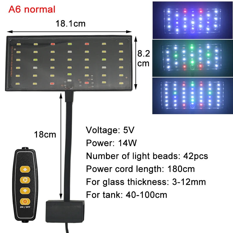A full spectrum LED grow light fixture with a rectangular panel, power cord, and remote control for aquarium use.