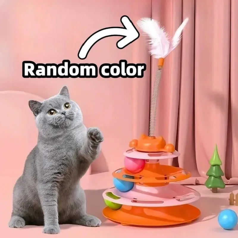 Interactive Cat Toy Tower with Turntable, Track, and Feather Balls
