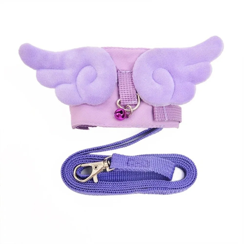 Purple cartoon escape-proof pet harness with a purple leash and pink fabric.