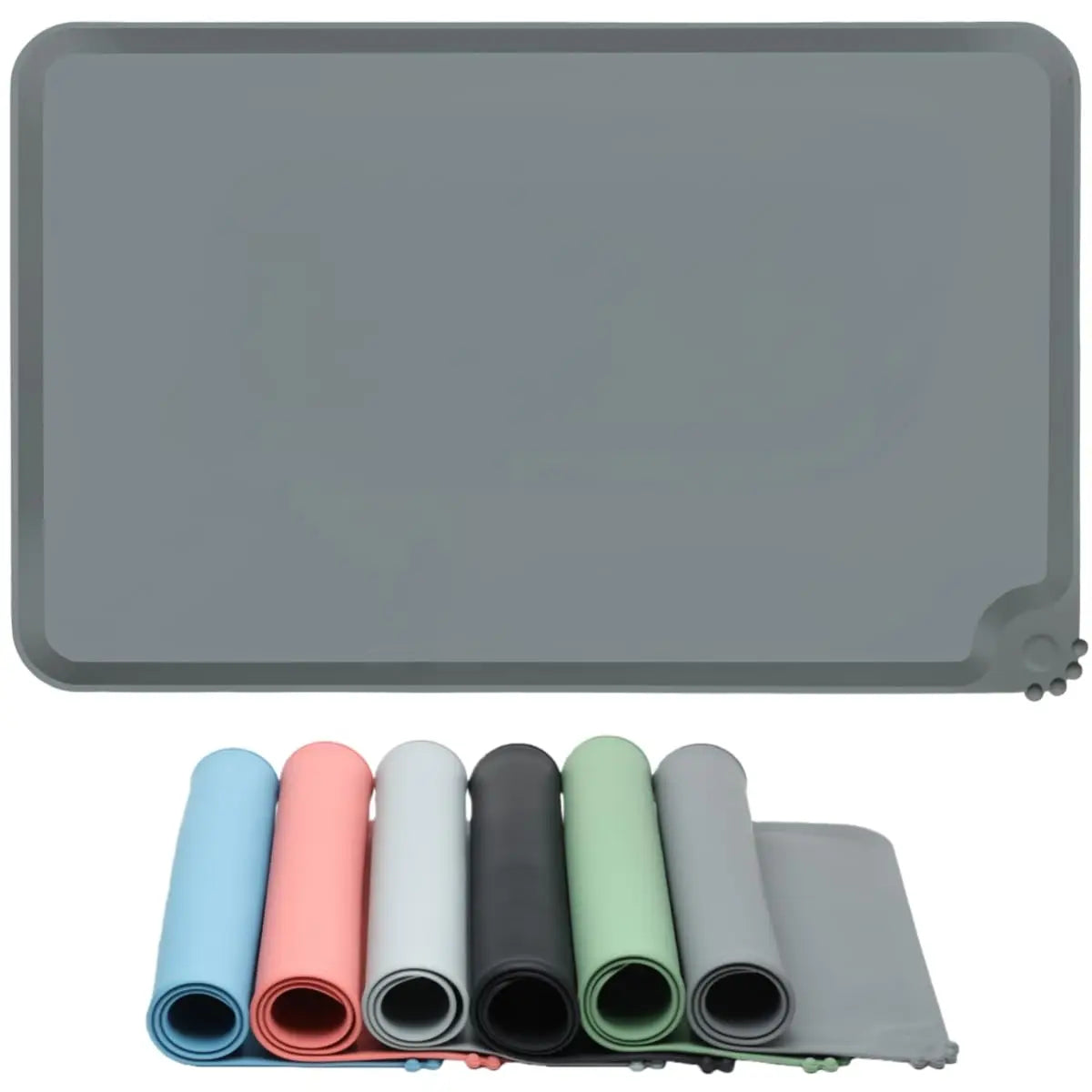 A set of rolled waterproof silicone pet feeding mats in various colors including blue, pink, white, black, and green.