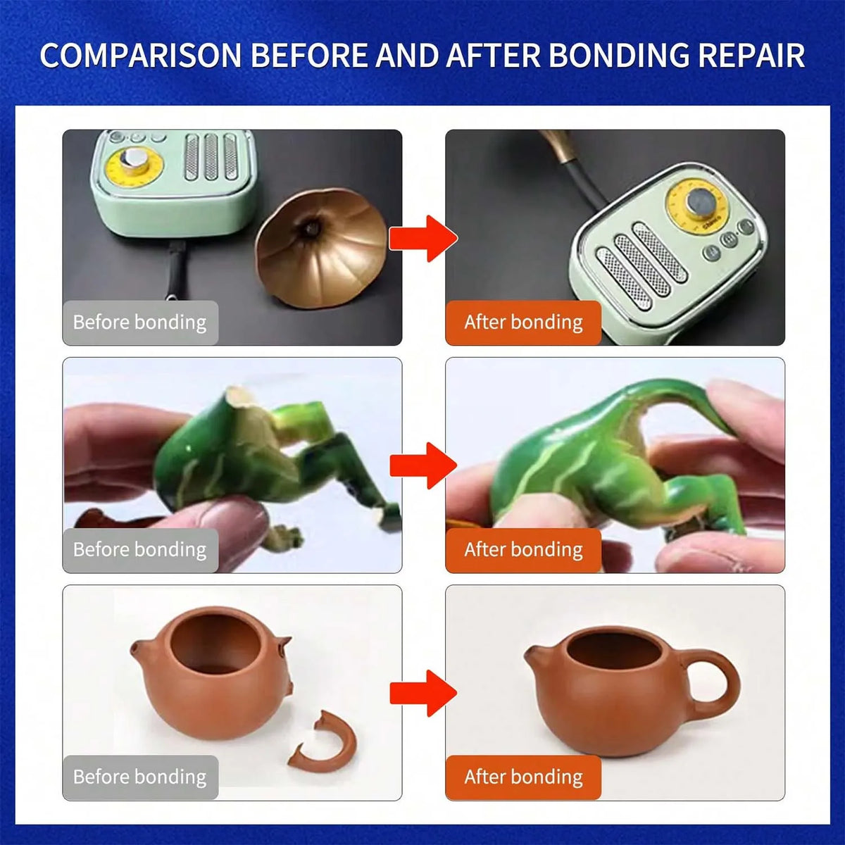 Comparison showing before and after bonding repair of various items using cyanoacrylate adhesive