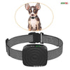 A small dog wearing a black collar is shown next to the collar itself, which is a black electronic device.