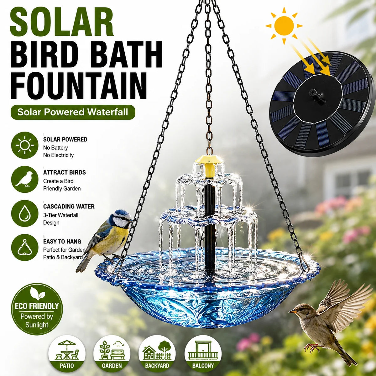 Fontaine de bain d'oiseaux solaire à plusieurs niveaux, suspendue à une chaîne, avec de l'eau qui cascade dans un bol.