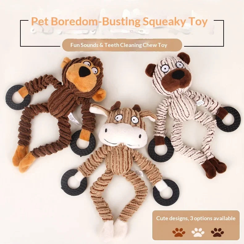 A set of three squeaky plush chew toys featuring cute cow and monkey designs for dogs.