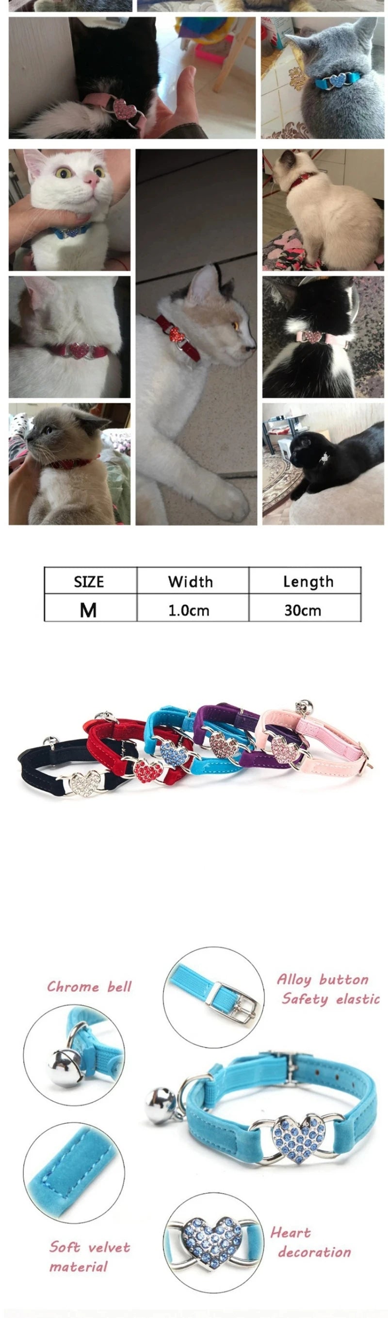 Heart-Shaped Velvet Cat Collar with Bell