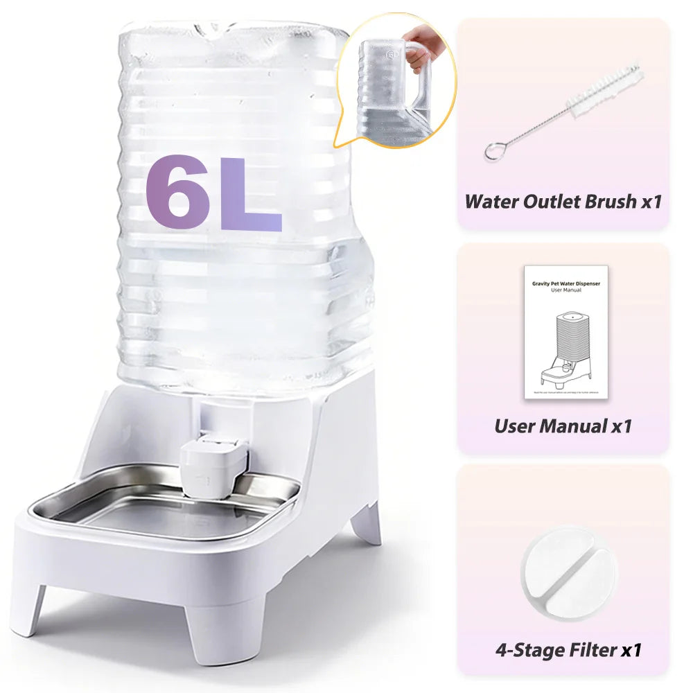 A white 6L gravity pet water dispenser with an elevated stainless steel tray and various filter components.
