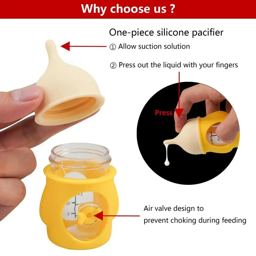 A silicone pet nursing bottle with an air valve design shown being used to allow suction and prevent choking during feeding.