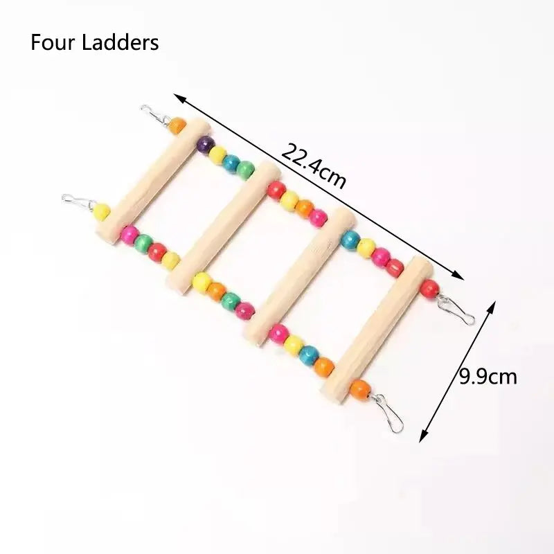 Four natural wood climbing ladders with colorful balls used as a parrot swing toy