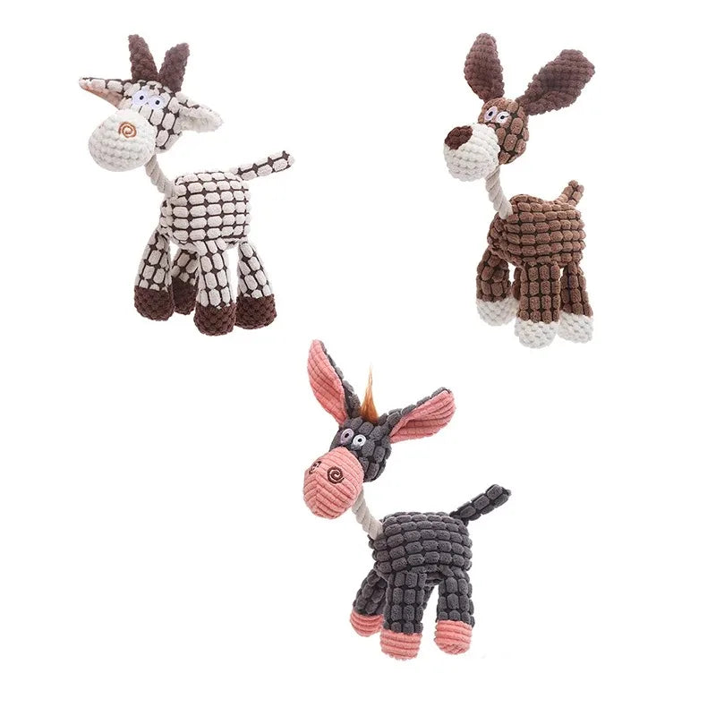 A plush stuffed donkey dog toy with a squeaker made of brown and white textured fabric.