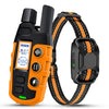 Collar de entrenamiento eléctrico para perro naranja con caja negra y correa estampada naranja.