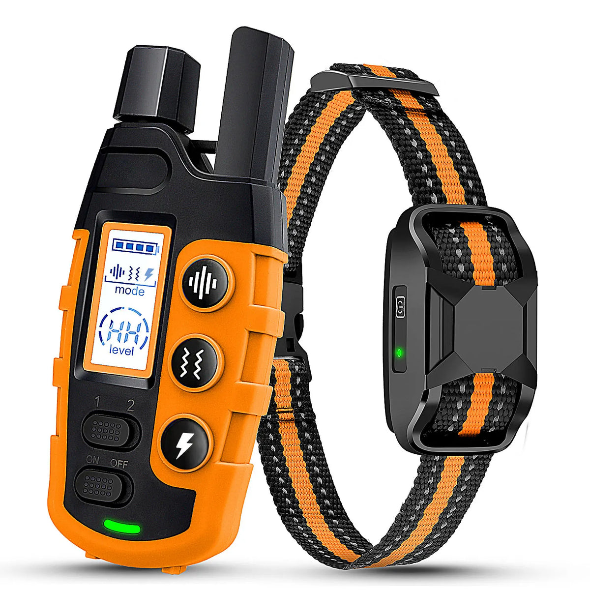 Collar de entrenamiento eléctrico para perro naranja con caja negra y correa estampada naranja.