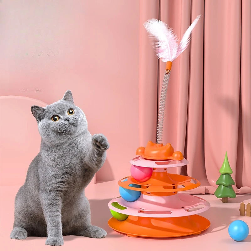 Jouet Tourniquet Interactif à Plumes pour Chat, 4 Niveaux