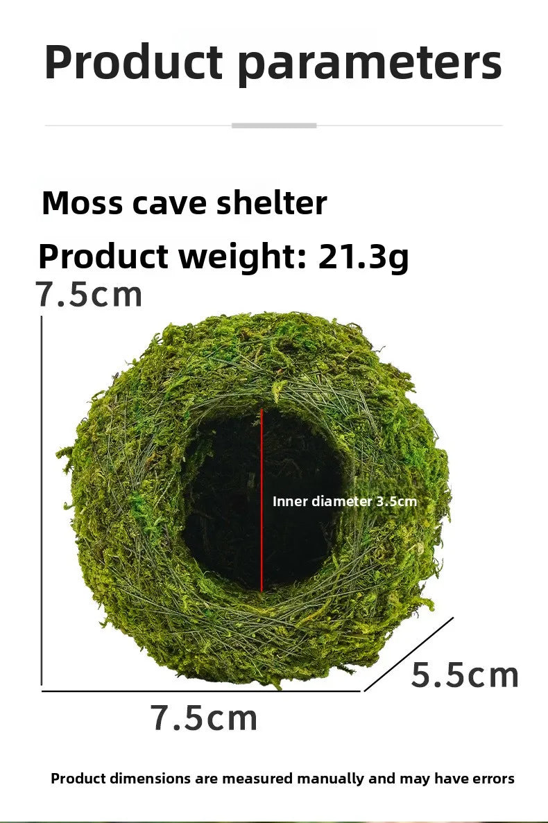 A round moss cave shelter with an inner diameter of 3.5cm and external dimensions of 7.5cm by 5.5cm.