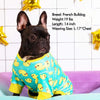 A French Bulldog wearing a yellow and blue patterned duck pajamas.