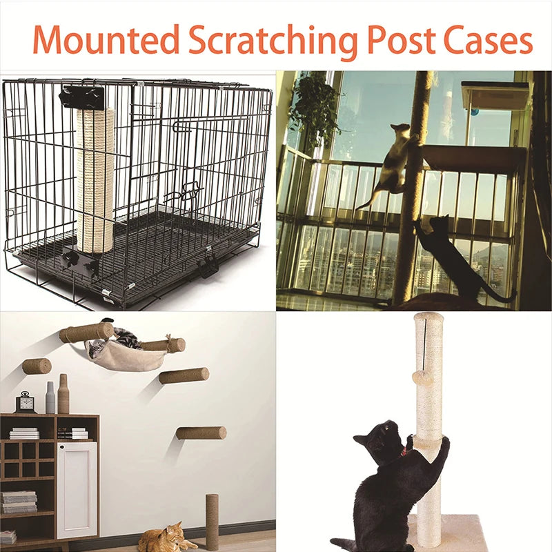 Caisses à poteaux pour chats, montées, avec différents designs comme une cage en fil et des poteaux en sisal.