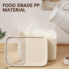 A white food grade PP material airtight pet food storage container is shown pouring liquid into a rectangular dish.