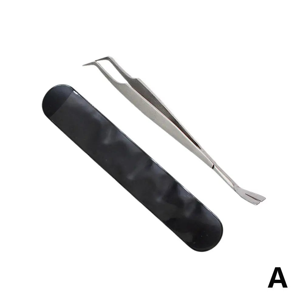 A precision tick and flea remover tool with a black handle and silver jaws.