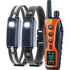 An orange waterproof remote dog training collar with a black strap and green light is shown.
