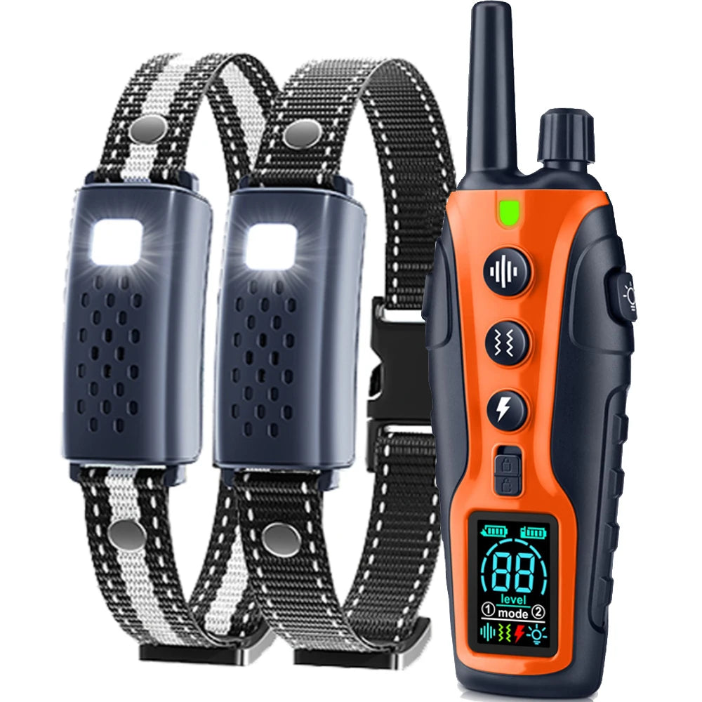 An orange waterproof remote dog training collar with a black strap and green light is shown.