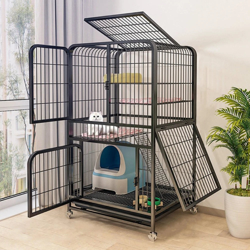 Cage à deux niveaux noir, ouvrant, avec panneaux en maille, plateforme intérieure et nœud bleu pour animal de compagnie.