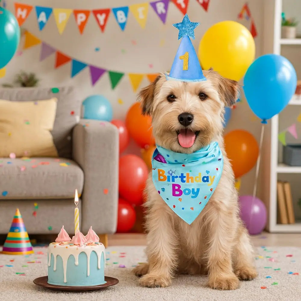 A happy golden retriever wearing a blue birthday hat and bowtie, sitting in front of colorful balloons.
