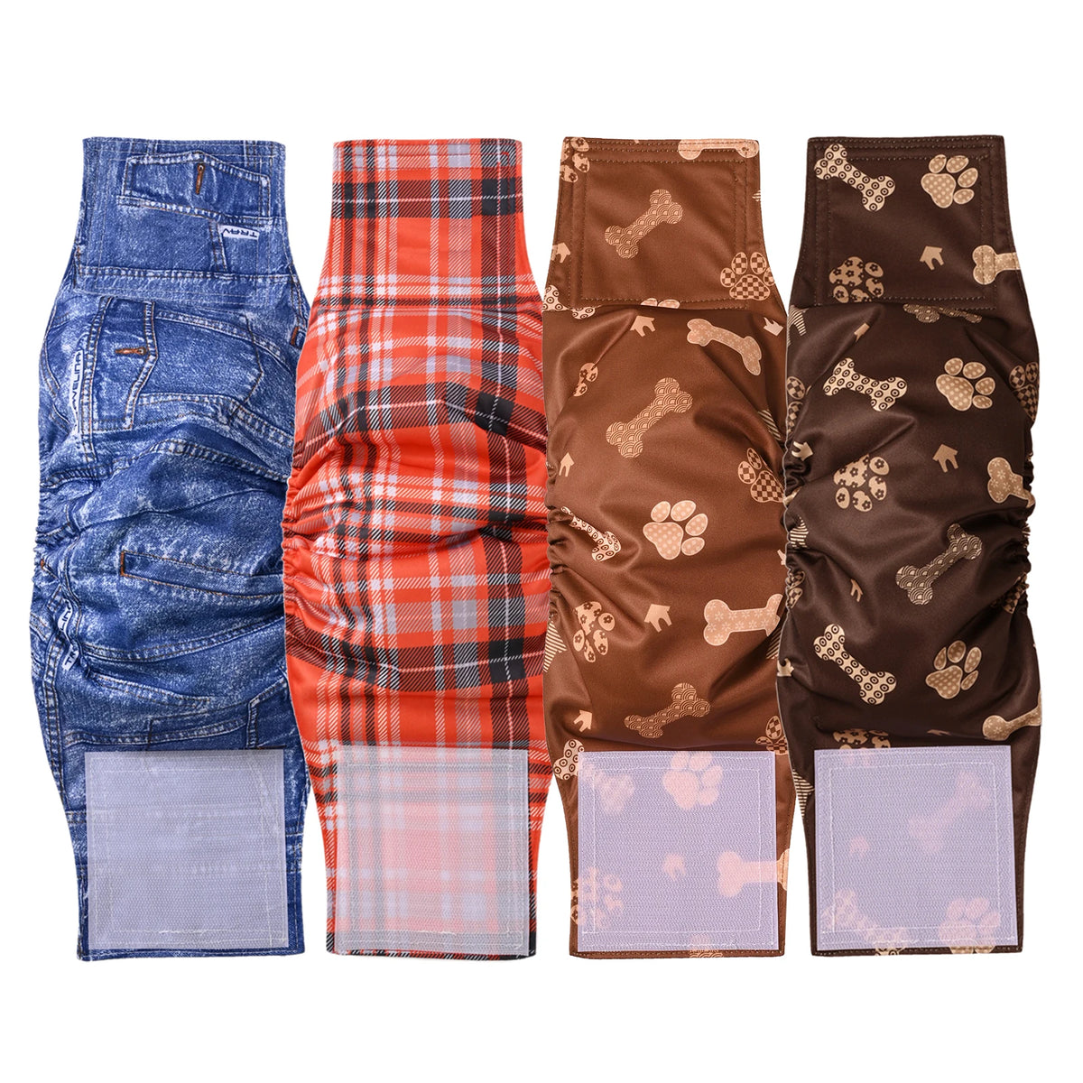 A set of four reusable washable dog diaper wraps for male dogs featuring plaid, brown, and patterned fabric.