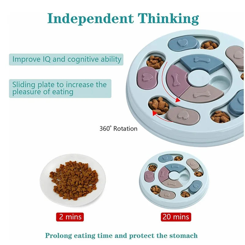 A silicone slow feeder bowl with rotating plates designed to improve dog eating and protect the stomach.