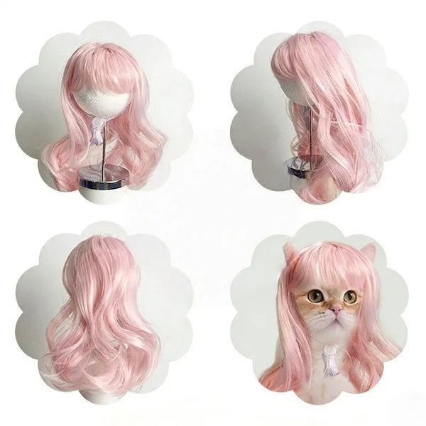Präsentation einer rosa Langhaar-Perücke und einer katzenartigen Gesichtsperücke mit Accessoires.