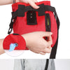 A red durable pet training treat bag is shown being held by a hand, and another version is worn on a person's waist.