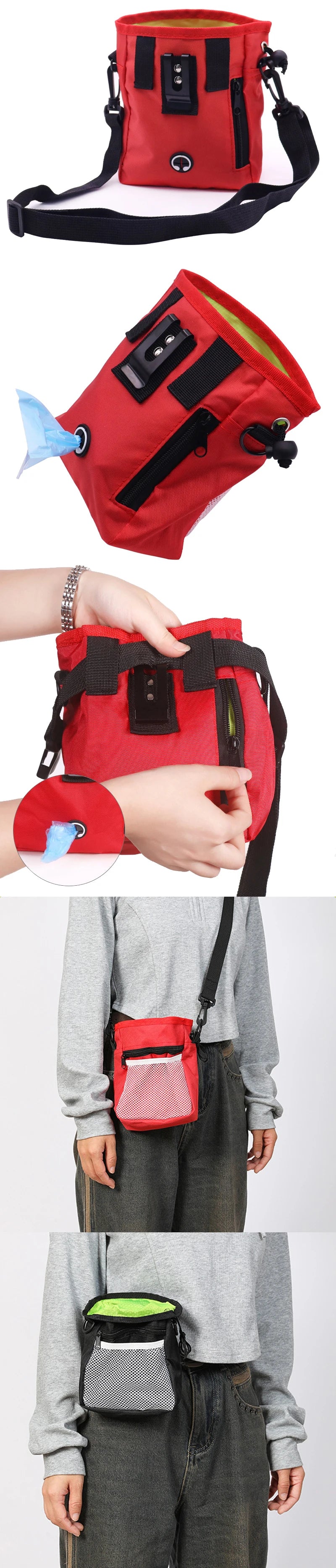 A red durable pet training treat bag is shown being held by a hand, and another version is worn on a person's waist.