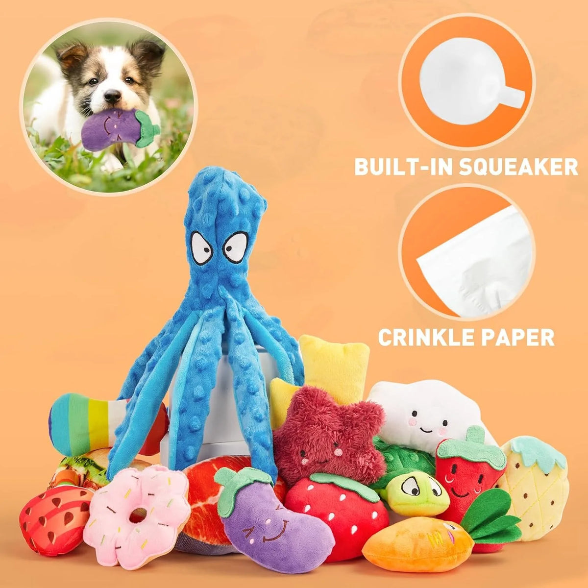 A collection of 20 soft plush toys shaped like fruit and animals, including a blue octopus squeaker.