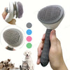 A pet hair removal slicker brush is shown with various attachments and being held by a hand, alongside several cats and dogs.