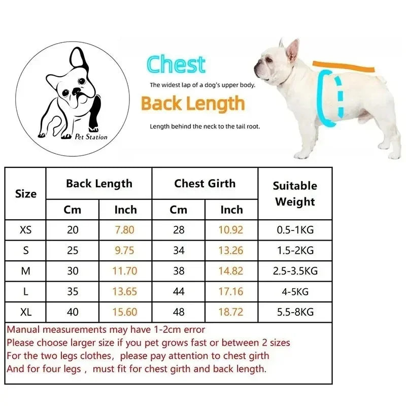 A white dog vest is shown with measurements for chest girth and back length.