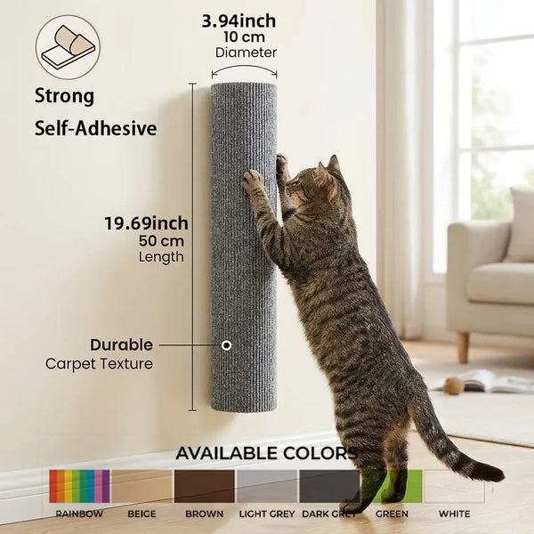 A tabby cat is interacting with a cylindrical, gray sisal scratching post mounted on a wall.
