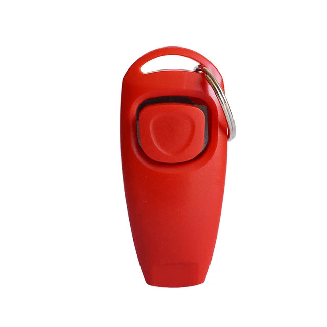 A red 2-in-1 dog training clicker and whistle attached to a key ring.