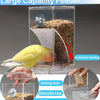 A clear automatic bird feeder with a perch is shown, demonstrating adding food and a removable base for convenient feeding.