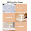 Three flow designs of a USB rechargeable cat water fountain including a surging fountain, gentle flower, and combination.