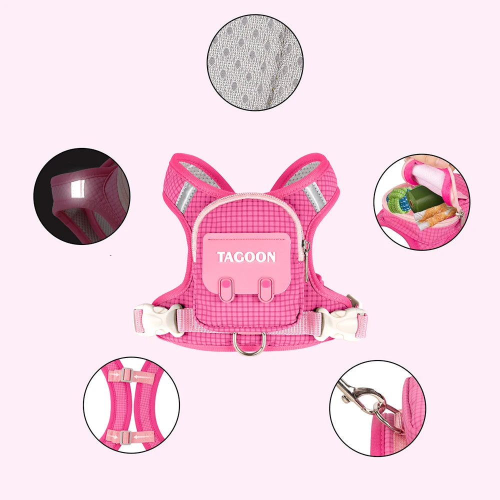 Pink pet backpack harness for small dogs shown with various views and accessories