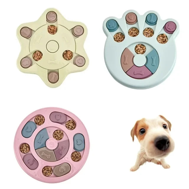 A set of colorful, interactive dog slow feeder puzzle toys for feeding practice.