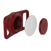 Roter Silikon-AirTag-Halter mit weißem kreisförmigem Teil und einem passenden roten Knopf.