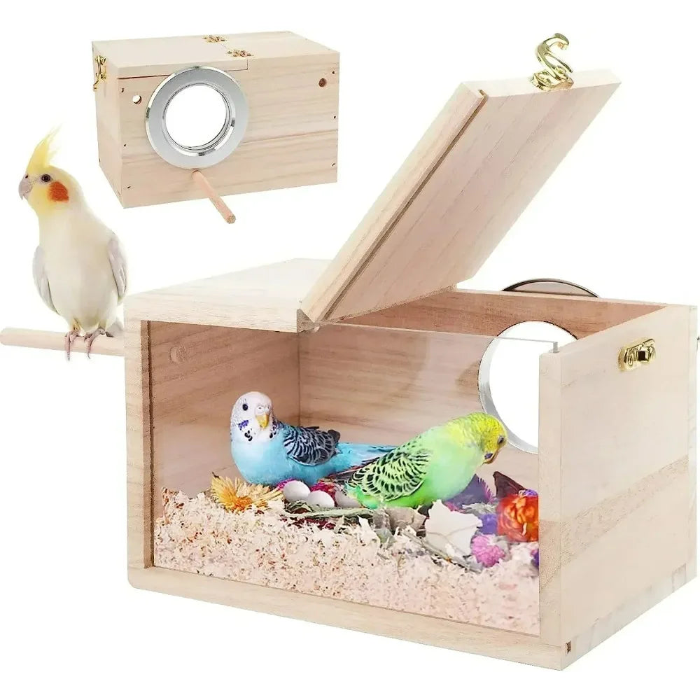 A wooden bird nesting box with a viewing panel, containing a small yellow bird and various natural materials.