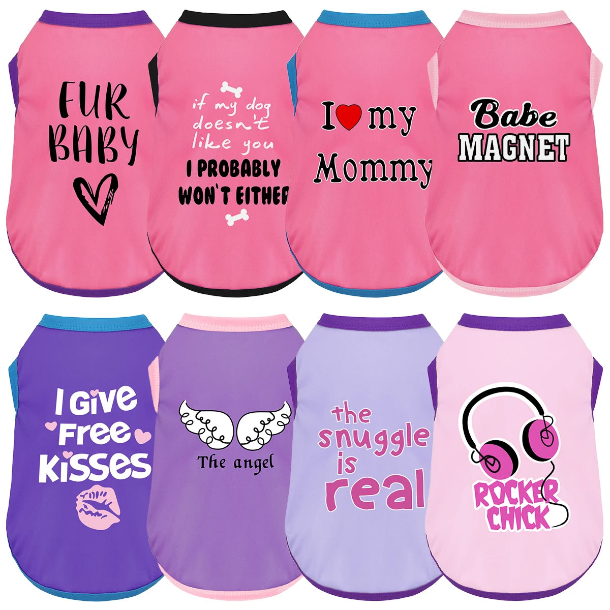 قمصان كلاب وردية وأرجوانية لطيفة تحمل عبارات مثل 'fur baby' و 'I love my Mommy and Babe'