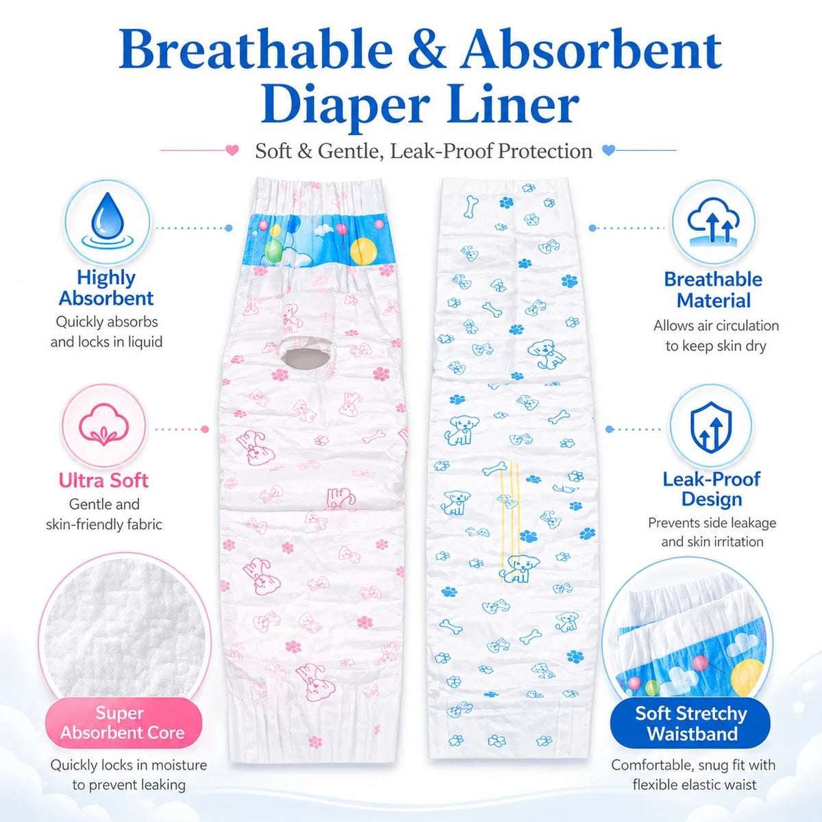 Soft Breathable Disposable Diapers for Dogs - 40 Pack