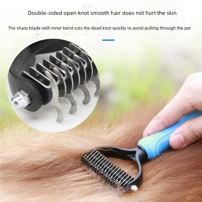A close-up of a black pet grooming brush being used on a dog's fur.