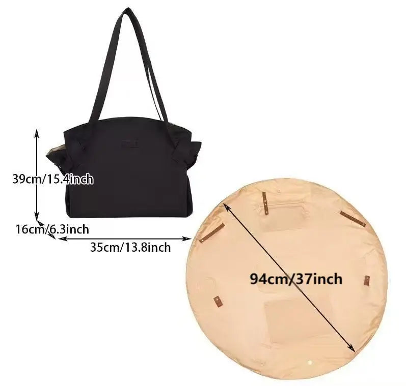 Black foldable travel organizer bag with a tan picnic mat shown with dimensions.