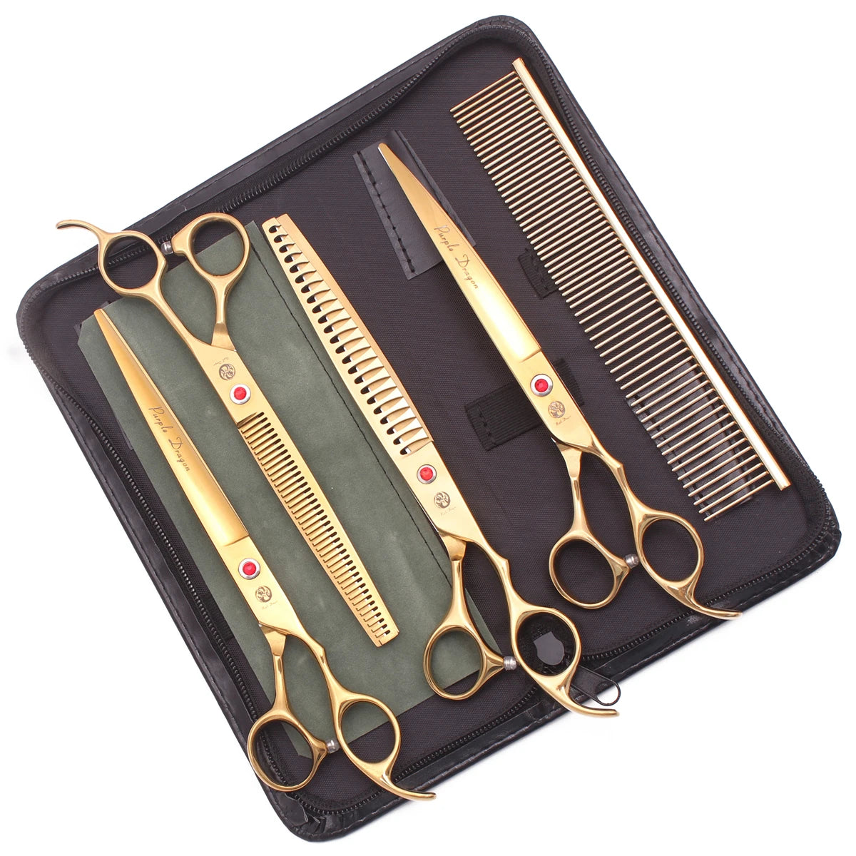 A black case holding professional stainless steel pet grooming scissors and a comb.
