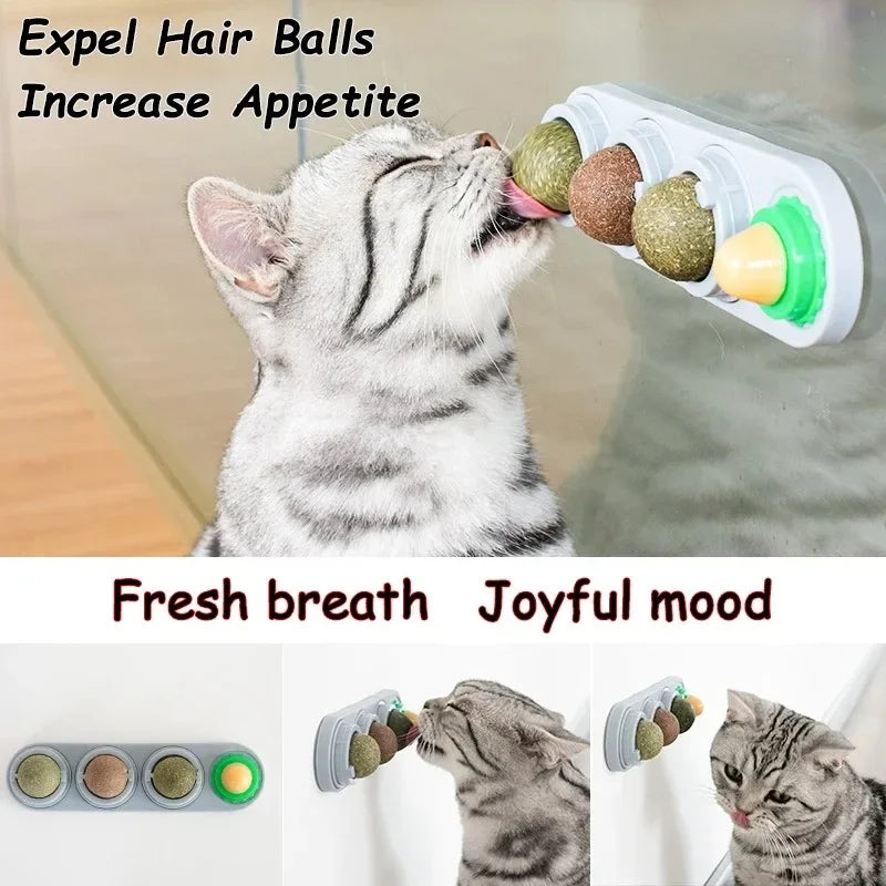 A cat is interacting with a white dispenser containing rotating catnip balls for hair balls and appetite.