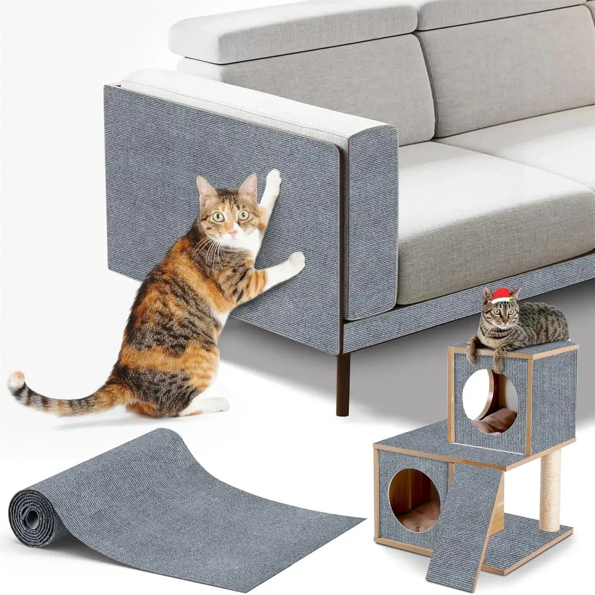 Una almohadilla para rascar de gato autoadhesiva, con un gato interactuando y un protector de muebles.
