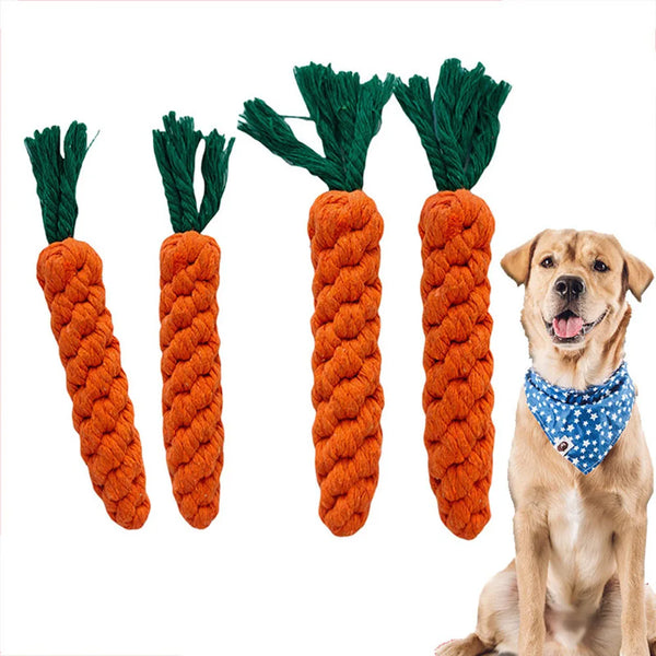 Orange braided rope dog toys with green leaves displayed next to a golden retriever.
