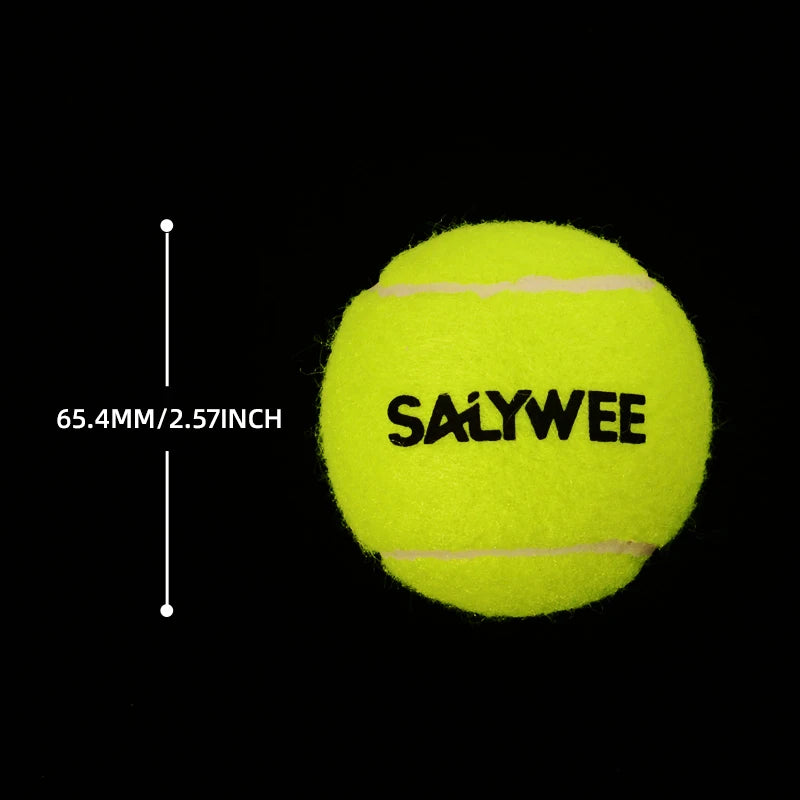 A bright yellow tennis ball with the brand name Salywee is shown against a black background.